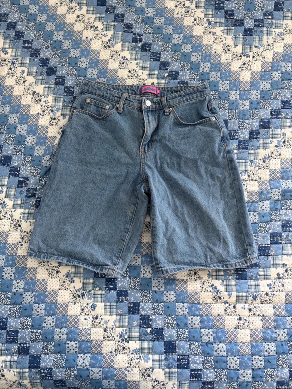 Edikted Medium Wash Denim Bermuda Shorts